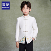 套装 儿童西装 男孩礼服 白色中国风立领演出服新中式 罗蒙男童中山装
