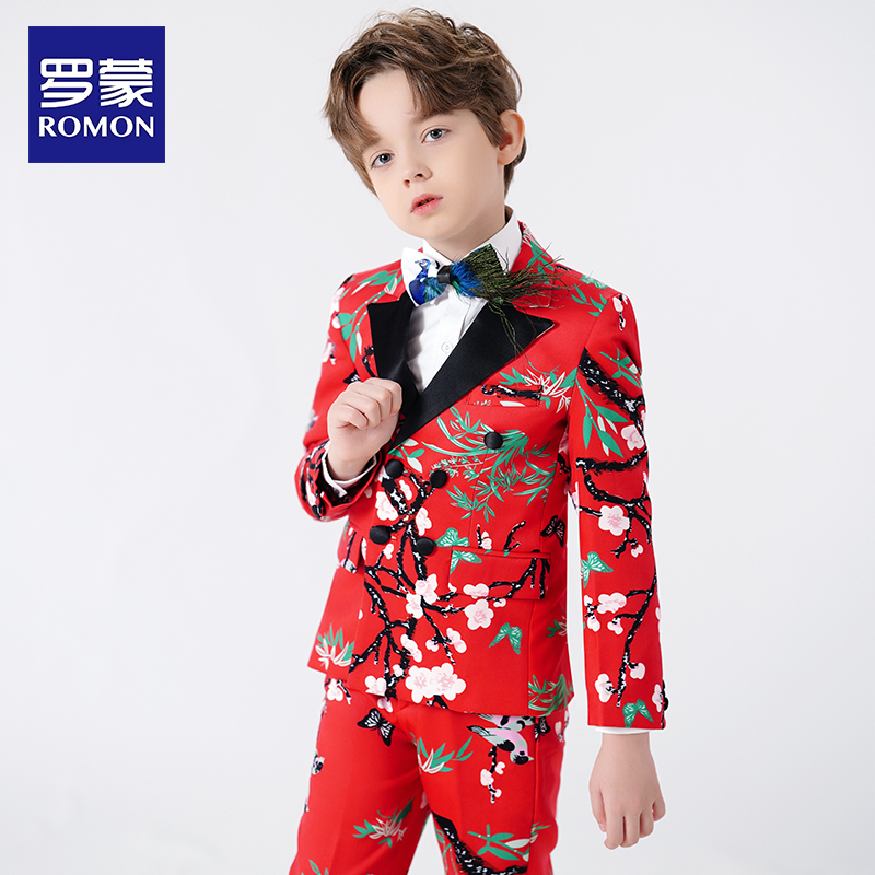 罗蒙男童西装套装三件套新款红色儿童礼服喜庆T台走秀西服演出服