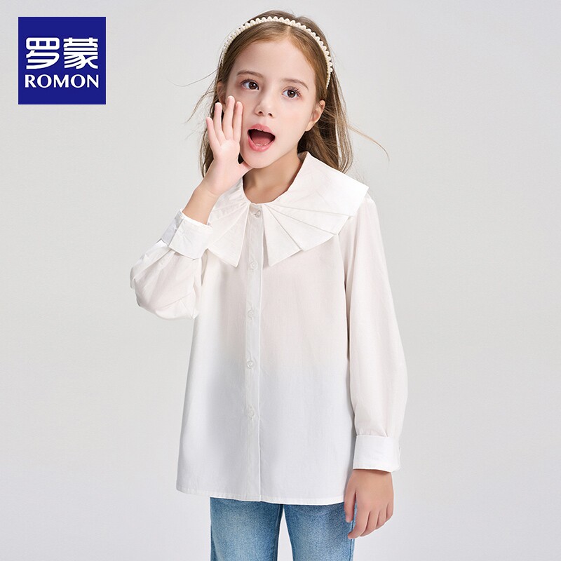 罗蒙女童纯棉荷叶边娃娃领衬衫2026秋冬新款儿童甜美可爱翻领衬衣
