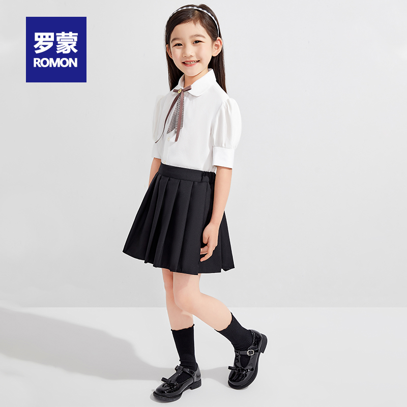 罗蒙女童正版jk制服儿童黑色学院风半身裙百褶裙新款女孩短裙套装