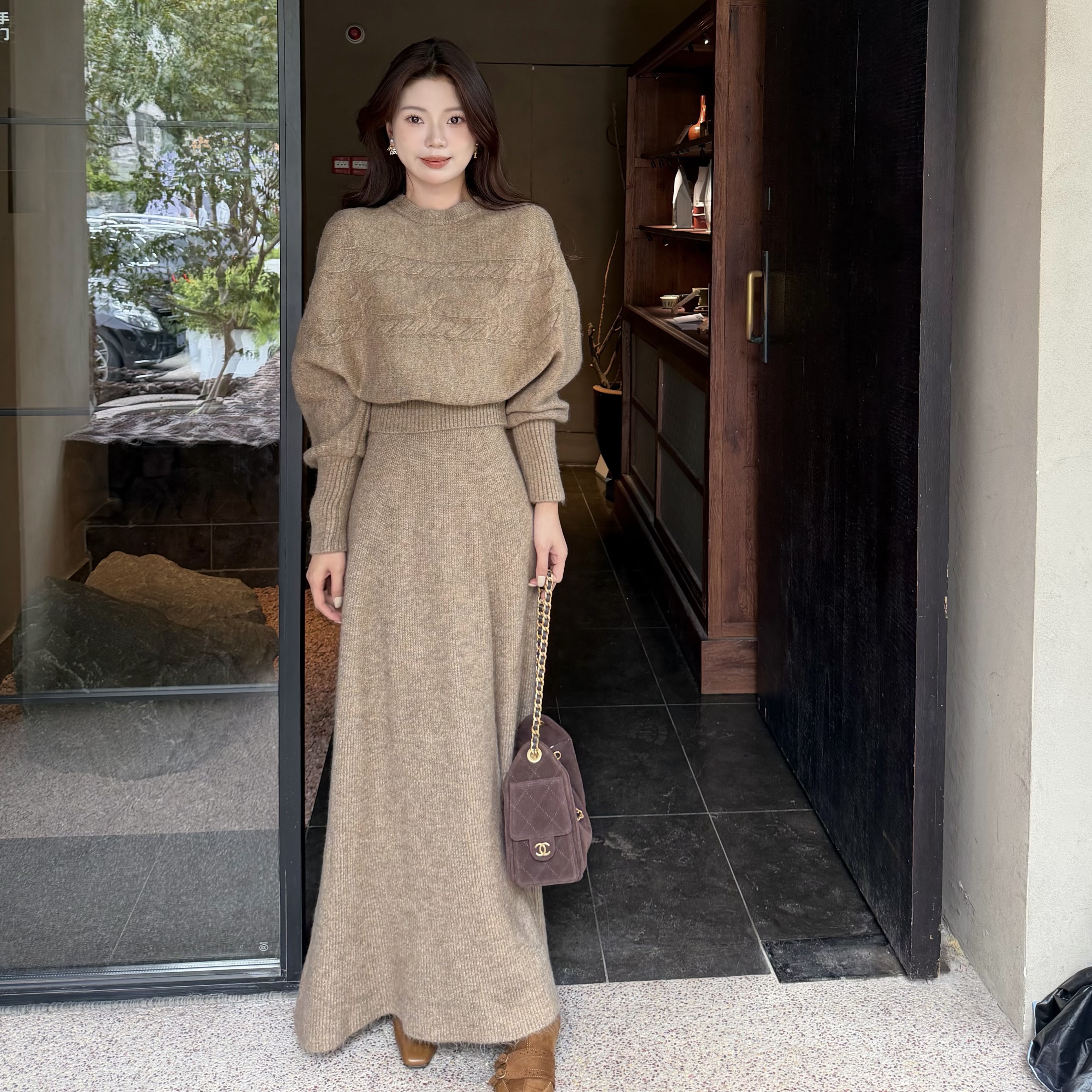 针织三件套女蝙蝠袖可拆卸围脖