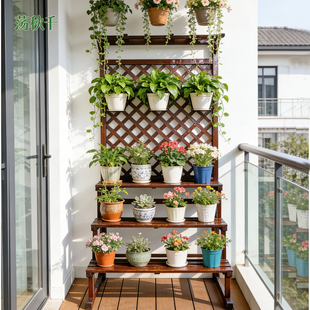 阳台花架落地式多层阶梯花架子室内客厅网格置物花盆架防腐木花架