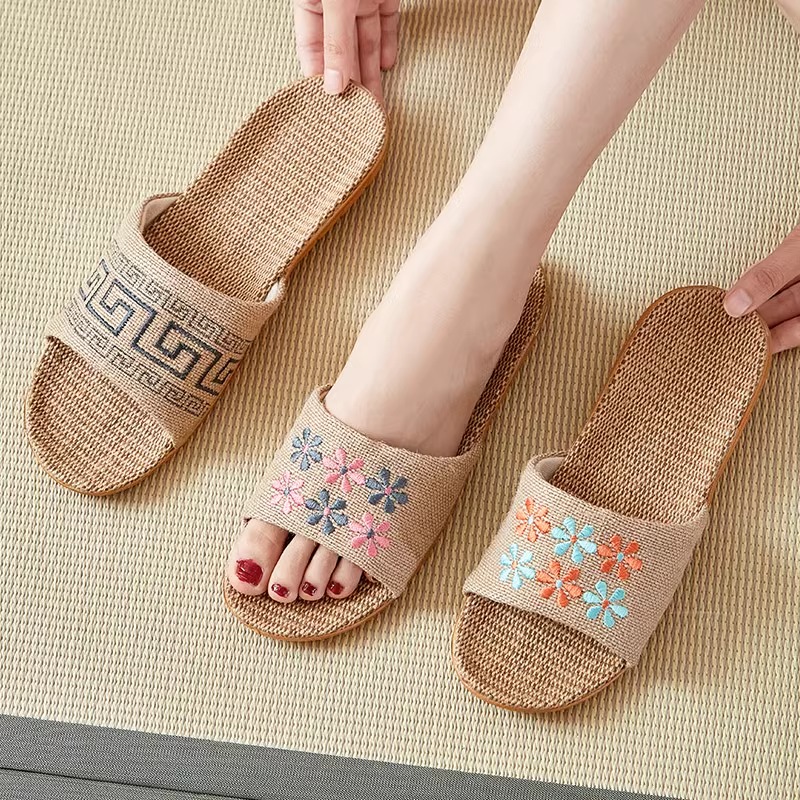 日本代购亚麻拖鞋女夏季情侣软底木地板四季居家室内静音麻拖鞋男