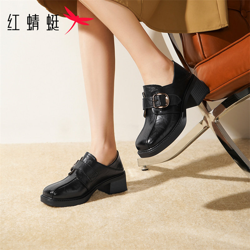 红蜻蜓方头乐福鞋女款2026新款冬季高跟小皮鞋通勤英伦风粗跟女鞋