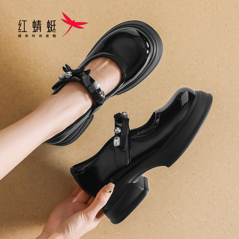 红蜻蜓魔术贴黑色玛丽珍鞋女鞋2025新款高跟小皮鞋单鞋厚底乐福鞋