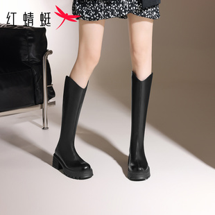 V口显瘦高筒靴女靴 秋冬长筒靴时尚 红蜻蜓厚底高跟骑士靴女款 新款