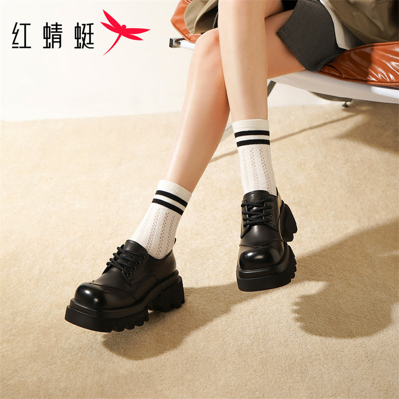 红蜻蜓厚底小个子单鞋女款2026新款春季方头皮鞋牛津鞋高跟乐福鞋