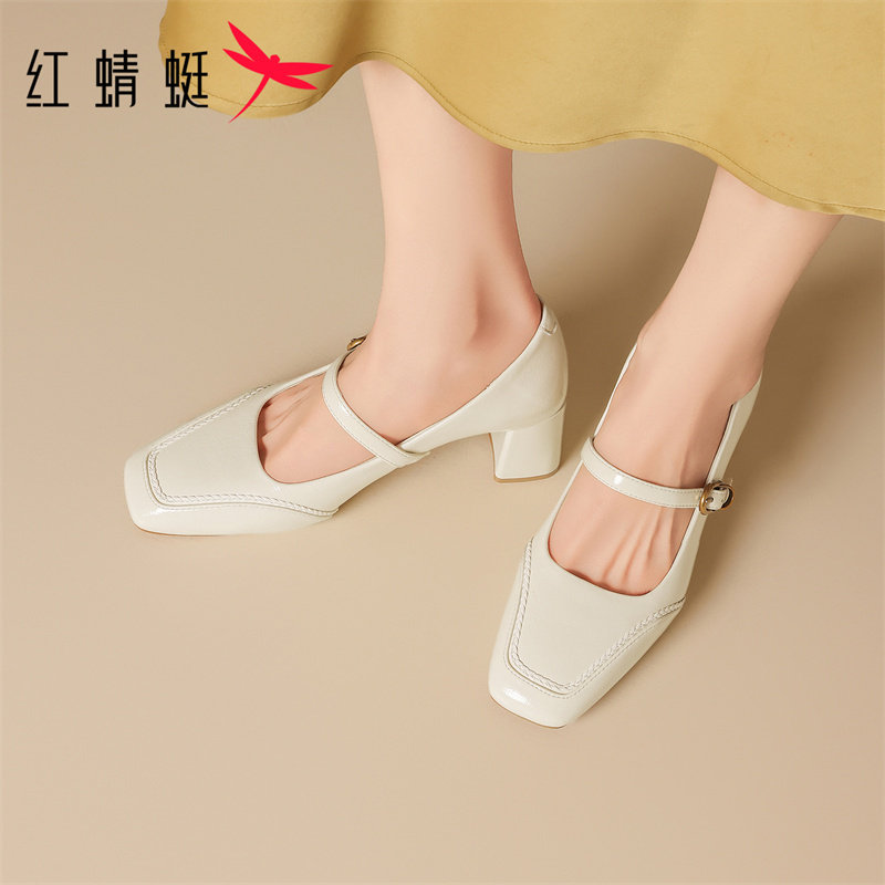 红蜻蜓浅口单鞋女2026新款春季粗跟气质高跟鞋配裙子方头玛丽珍鞋