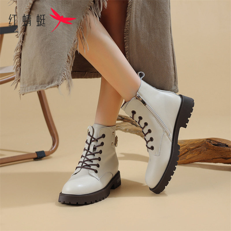 红蜻蜓英伦风厚底马丁靴女冬季新款时尚白色靴子低跟加绒拉链短靴