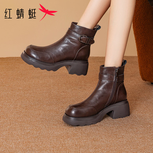 皮靴圆头厚底粗跟皮靴 妈妈款 红蜻蜓棕色高跟时装 短靴女士2025新款
