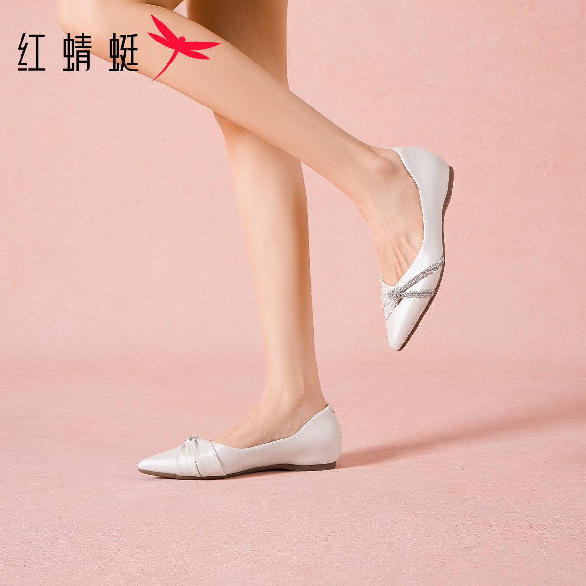 红蜻蜓软底平底鞋女款2026新款尖头浅口单鞋通勤约会一脚蹬女皮鞋