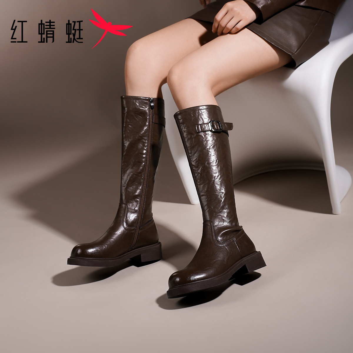 红蜻蜓加绒长筒女靴冬季新款女士高筒户外皮靴帅气粗跟拉链骑士靴