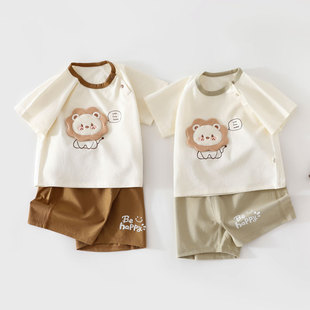 两用裆 套装 夏季 短裤 卡通可爱宝宝休闲套头男宝运动装 婴儿短袖