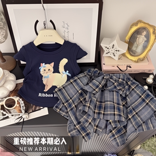 兒童短褲 袖 套裝 2025新款 兩件套卡通T恤背心不規則格子裙女童夏季