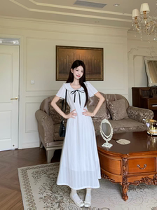 法式温柔风花边娃娃领短袖连衣裙春季新款收腰气质短裙女
