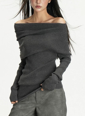 aneae深灰色长袖针织衫女秋冬修身设计感一字肩打底高领毛衣