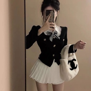 学院风女装辣妹小香风假两件外套上衣加秋季新款高腰百褶裙两件套