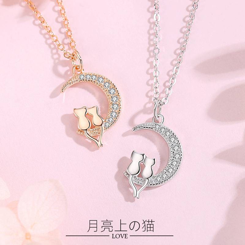 月亮上的猫项链女s925纯银锁骨链小众设计感潮轻奢吊坠冷淡风