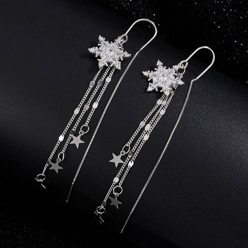 S999纯银雪花流苏耳线圣诞百搭时尚长款耳环气质感星星耳饰女