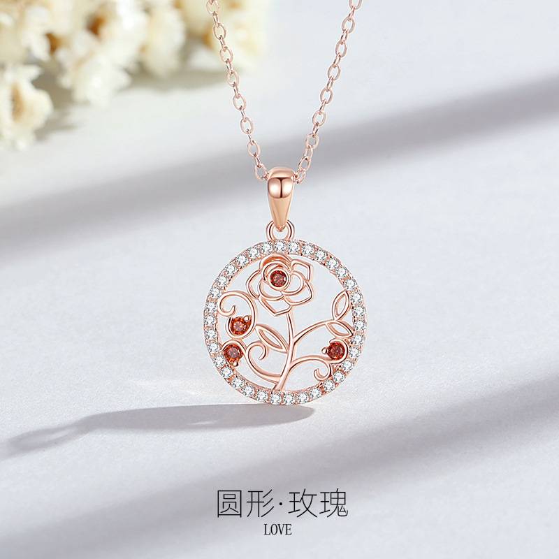 925纯银热卖玫瑰花项链女时尚圆形玫瑰花玫瑰金百搭锁骨