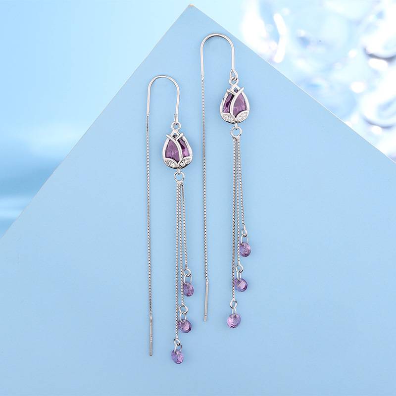 S925纯银郁金香耳线女轻奢紫色锆石耳环长款流苏感气质耳饰