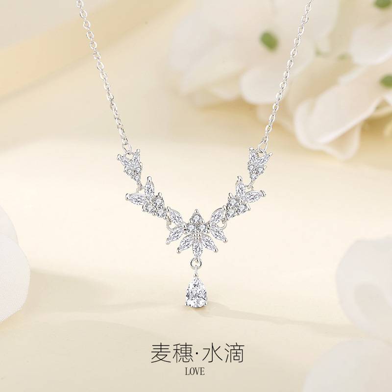 足银999麦穗项链超仙轻奢风锆石水滴颈链女婚纱礼服高级感锁骨链
