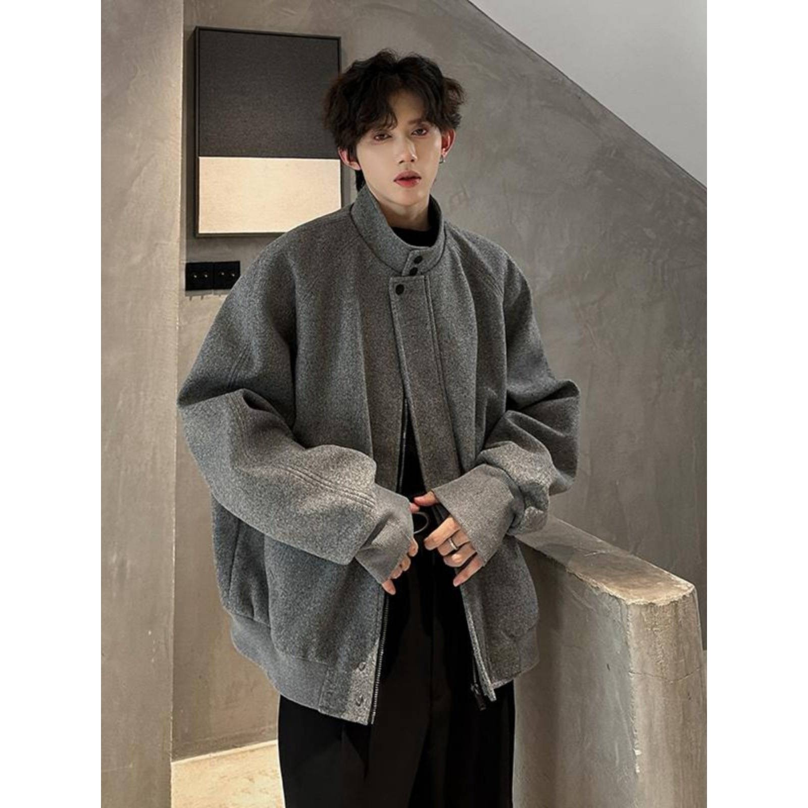 美式灰色立领毛呢外套男款痞帅呢子大衣短款韩系廓形西装夹克