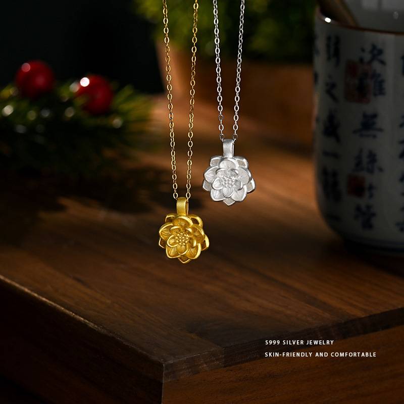 S999足银莲花项链轻奢高级感锁骨链百搭国风汉服配饰小众颈饰