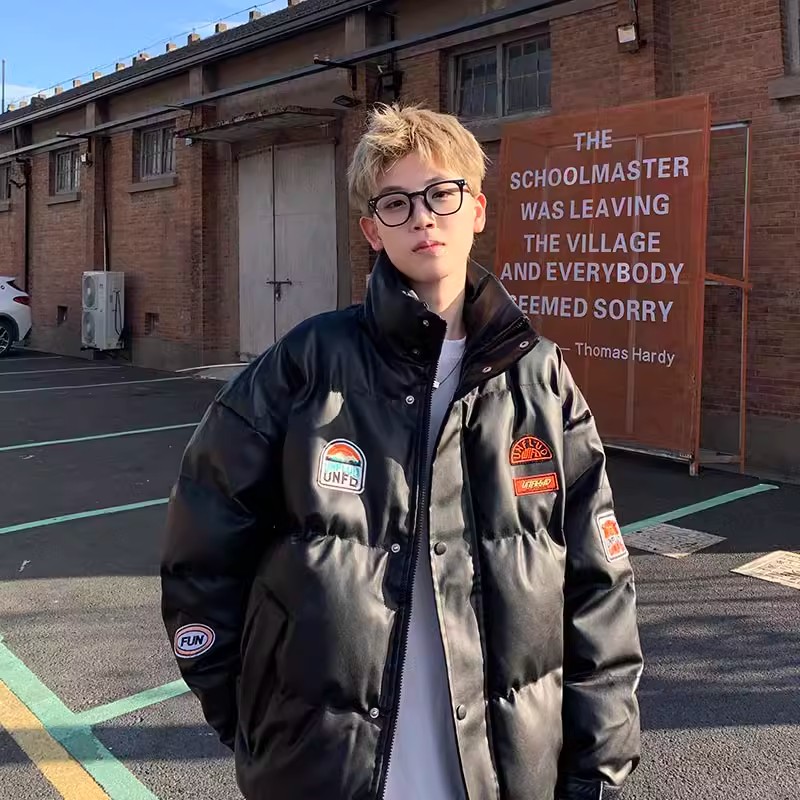 pu皮棉衣男冬季加厚ins潮流立领宽松棉服潮牌美式贴标赛车服外套