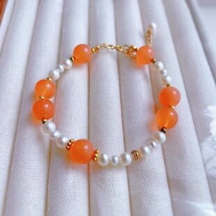 天然盐源玛瑙金桔手链手串女搭配淡水珍珠925银链手工编织可调节