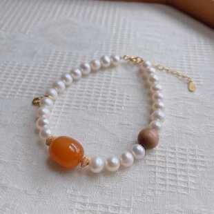 天然蜜蜡枣珠手链女天然淡水珍珠檀木配珠古法银福牌配饰手工编织