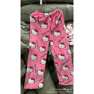 Cartoon T cat flannel pajama pants for womens coral