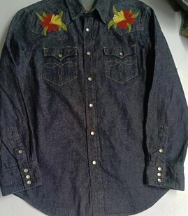 复刻老款刺绣男装非RRL西部牛仔长袖单排扣原色牛仔衬衫