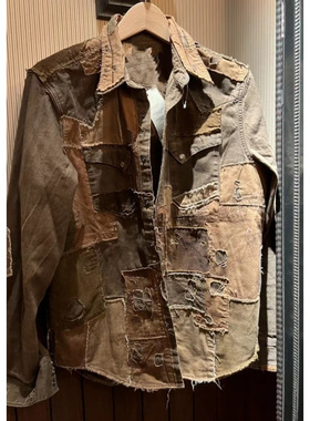 现货复刻新款拼接破坏补丁男女翻领衬衫非RRL单排扣做旧长袖