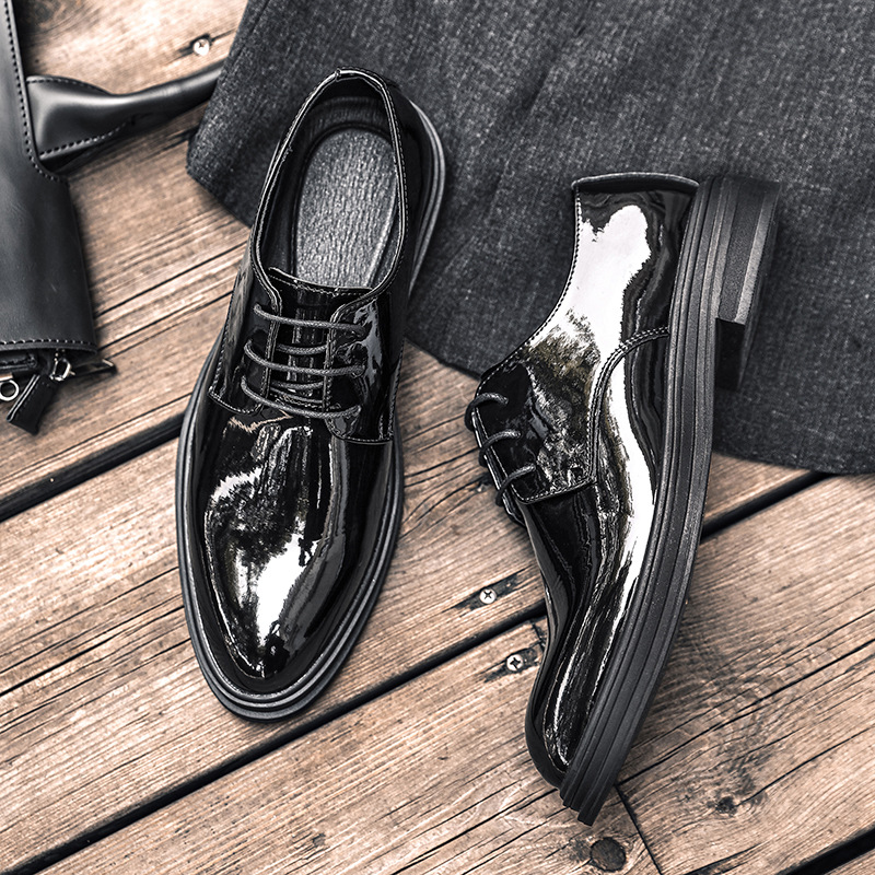 休闲皮鞋男增高漆皮亮面小皮鞋黑色系带商务正装男士新郎结婚潮鞋