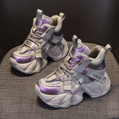 2025秋季新款老爹鞋厚底内增高8cm网红同款休闲百搭时尚风系带女