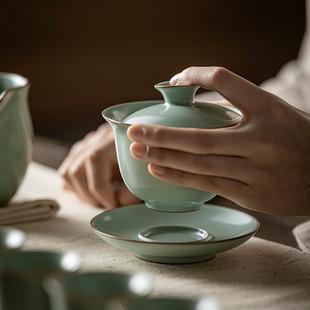 天青汝窑泡茶碗陶瓷功夫茶具大号三才盖碗汝瓷开片可养蝉翼纹茶碗