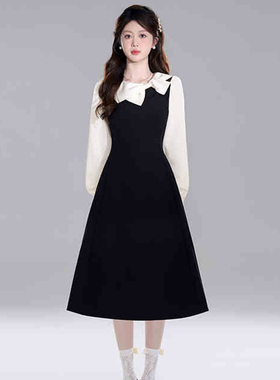 法式赫本风假两件黑色连衣裙秋2025新款富家千金风收腰a字裙2137