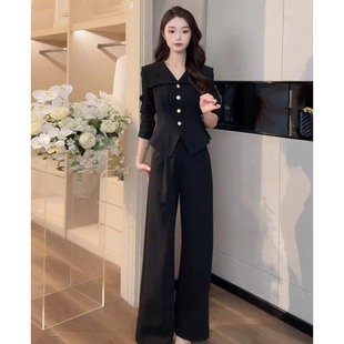 2025秋季流行穿搭一整套黑色阔腿裤套装女大方得体两件套D3488