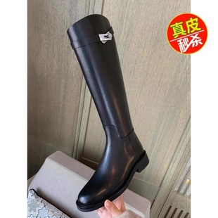 品牌撤柜真皮长筒靴女2026秋冬新款粗跟平底不过膝高筒骑士靴子女