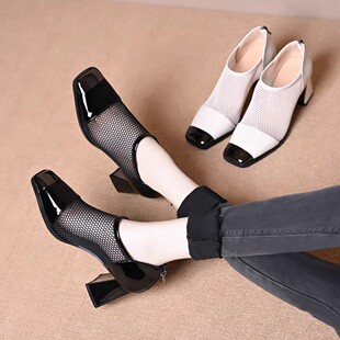 品牌撤柜粗跟网纱凉鞋女夏季网面镂空高跟鞋职业气质方头浅口单鞋