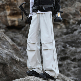 【chammy专属】户外直筒裤宽松褶皱休闲反光条冲锋伞兵潮男女同款