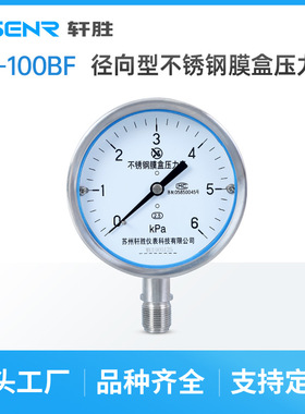 YE100BF 不锈钢膜盒压力表 防腐 微压压力表 锅炉通风正负压力表