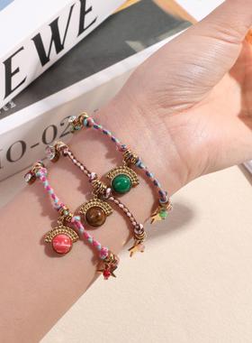 2025跨境法式复古手链项链耳环套装不锈钢波西米亚手工编织天然石