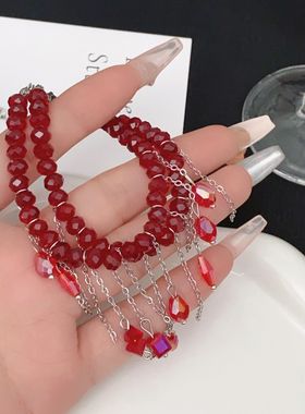 2026甜酷辣妹红色水晶流苏手链女款复古小众设计感串珠高级感百搭