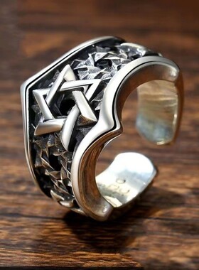 2026千叶欧美六芒星镶嵌戒指男士银饰嘻哈潮流泰银中指戒几何潮人