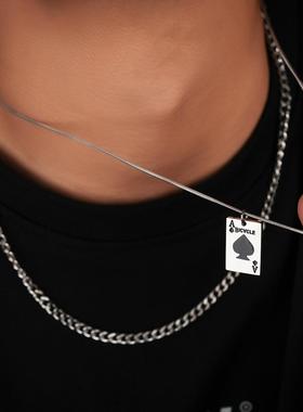 2025扑克牌黑桃A项链男钛钢 小众个性不锈钢双层古巴项链潮女嘻哈