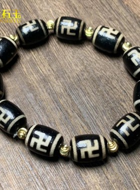2026天然高油包浆老玛瑙天珠手链黑白万字宝瓶回纹手串三眼仿古首