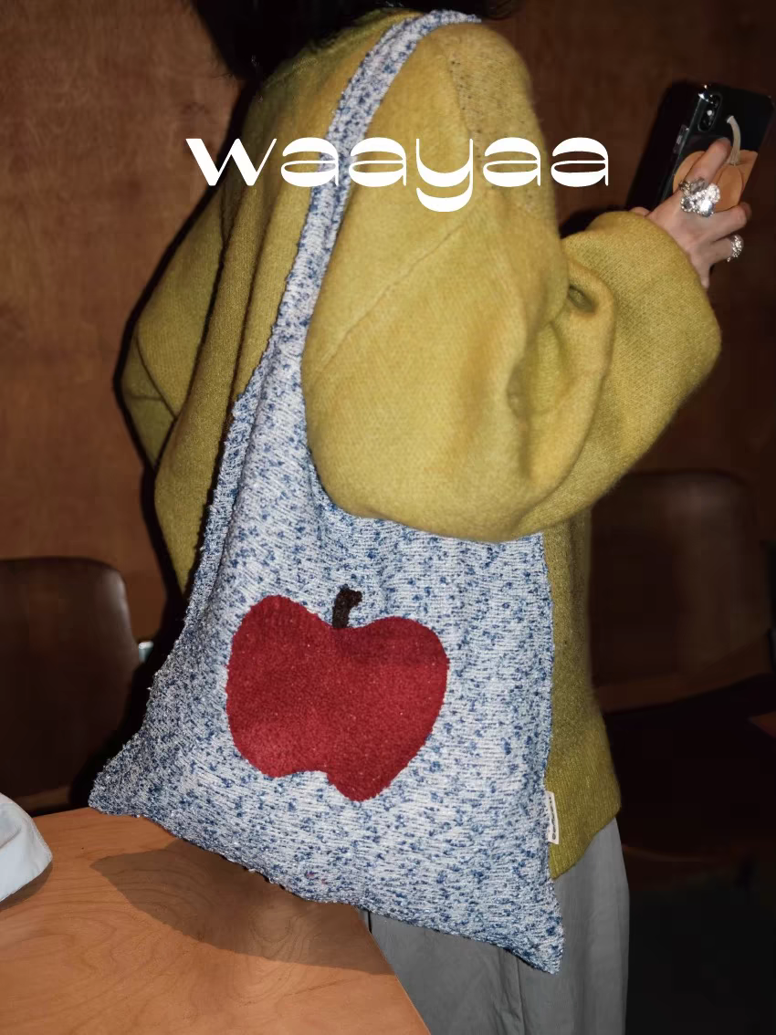 小众原创秋冬肌理布粗线彩色苹果刺绣单肩手提包 收纳休闲