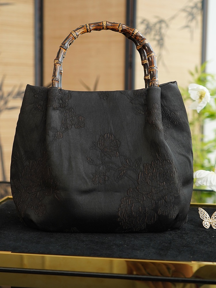 2024新潮香云纱包包女士重工竹节大容量桑蚕丝中式国风女包手拎包